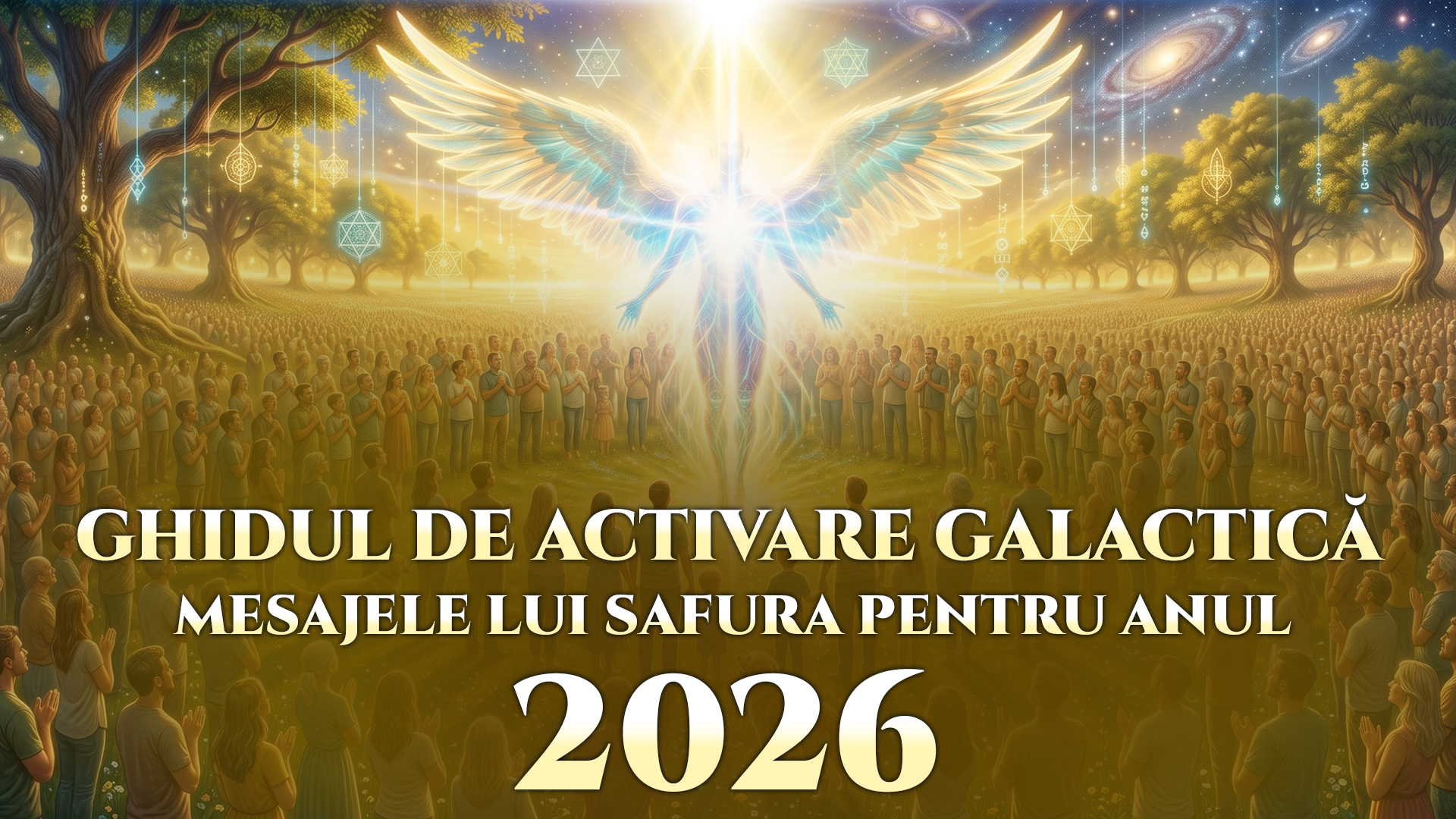O siluetă spirituală meditând în fața unui portal cosmic strălucitor care emană coduri de lumină albastră din sistemul stelar Sirius, activare galactică 2026.